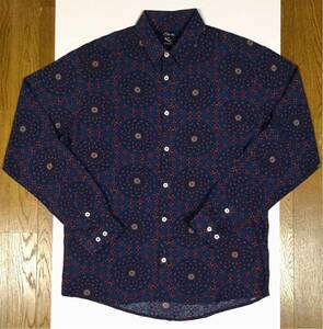 新品「Strike」総柄 リネン調コットン生地 長袖シャツ Navy SIZE:XL Slim-Fit ペルー製