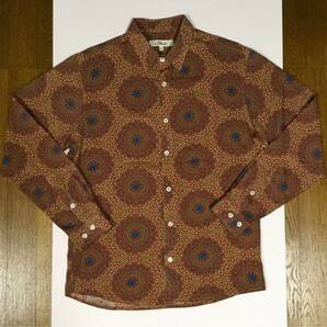 〜5/7◆ 新品「Strike」総柄 リネン調コットン生地 長袖シャツ Brown SIZE:M Slim-Fit ペルー製