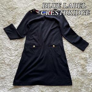 極美品 BLUE LABEL CRESTBRIDGE ブルーレーベルクレストブリッジ 金ボタン ひざ丈 ワンピース 長袖 ブラック 36