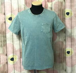 #65_0172 送料無料 【Ouky オーキー】 VINTAGE WASHED 半袖 Tシャツ 丸首 襟リブ 胸ポケット ユニセックス Mサイズ パステルグリーン