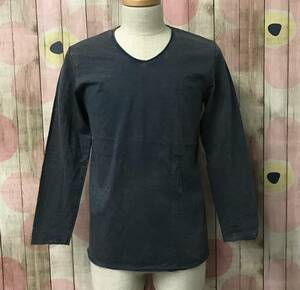 #65_0222 送料無料 【Ouky オーキー】 VINTAGE WASHED ヴィンテージウォッシュ 長袖 Tシャツ Vネック ユニセックス M ネイビー×ベージュ