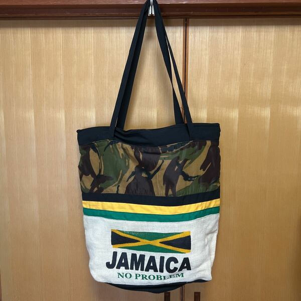 【KMZ2-2964】トートバッグ ショルダーバッグ 大型　JAMAICA NO PROBLEM お土産 アウトドアバッグ ジャマイカ 国旗柄 麻トート　ほつれあり