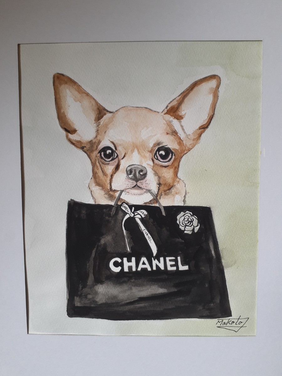 Aquarelle Chihuahua Shopping, Peinture, aquarelle, Peintures animalières