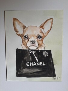 Art hand Auction 水彩画 チワワのお買い物, 絵画, 水彩, 動物画