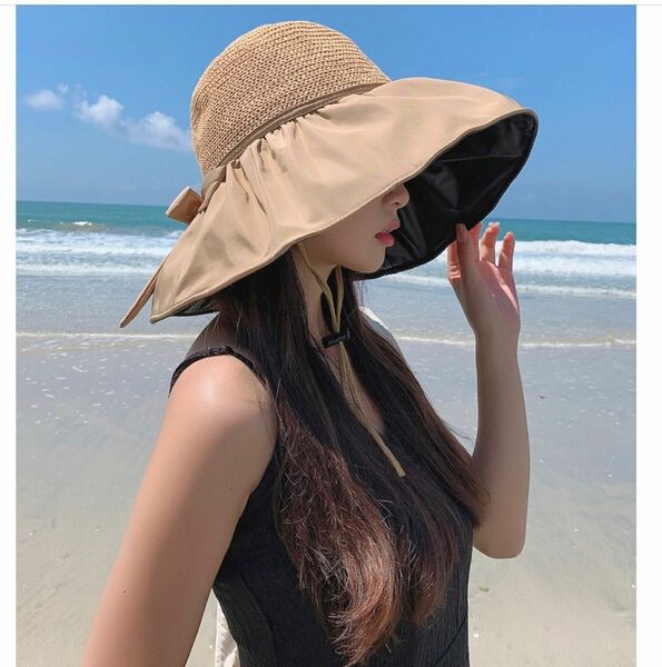 UVカット　ツバ広　帽子　紫外線防止　日焼け対策　カーキ