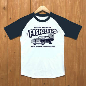 ■ FISH&CHIPS ラグランTシャツ■Mサイズ（ネイビーxネイビー）アメリカ　アメ車 モパ－　MOPAR PLYMOUTH BARRACUDA ハンバーガー　ポテト