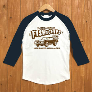 ■FISH&CHIPS ベースボ－ルTシャツ■XLサイズ（ネイビー袖xブラウン）アメリカ　アメ車 モパ－　MOPAR PLYMOUTH BARRACUDA ハンバーガー