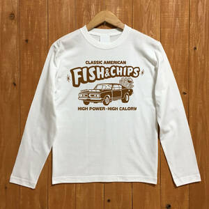 ■FISH & CHIPS ロンT■XLサイズ（ホワイトxブラウン）アメリカ　アメ車　モパ－　MOPAR PLYMOUTH BARRACUDA ハンバーガー　ポテト