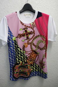 即決 19SS COMME des GARCONS コムデギャルソン ポリエステル素材 スカーフ柄 ネックレスアートプリント Tシャツ カットソー レディースXS