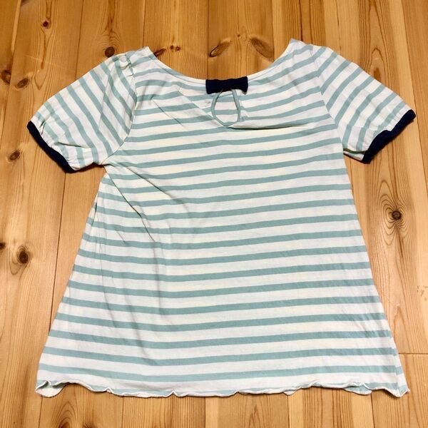 半袖 Tシャツ ボーダー ブルー スカラップ パフスリーブ ボーダーカットソー