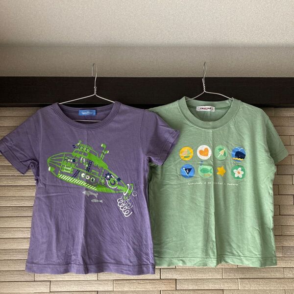ファミリア 半袖Tシャツ マリン 潜水船 半袖シャツ パープル グリーン Tシャツ 110 2枚セット familiar くじら