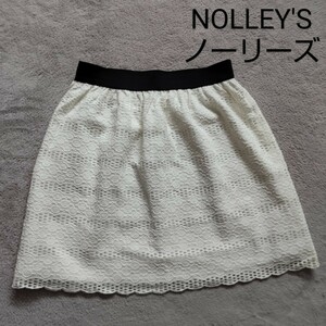 NOLLEY'S ノーリーズ ライト ミニスカート フレア フレアー Aライン レース カットワーク スカート 白 ウエストゴム モノトーン 美品 