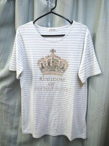 ◆白色にグレーのボーダー　冠のプリントにラインストーン飾りTシャツ◆M～L