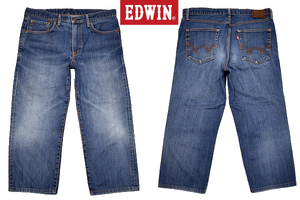 K-4113* прекрасный товар *EDWIN Edwin 50313* сделано в Японии Vintage обработка темно синий Denim кожа patch стрейч материалы джинсы W-35