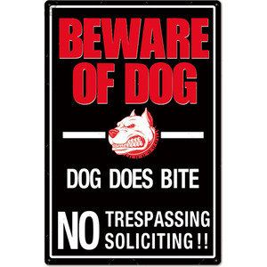 A2469　メタル　サイン　ブリキ　看板　金属 製　プレート　警告　注意　危険　犬　番犬　猛犬　防犯　侵入　勧誘　禁止　ブルドッグ　0048
