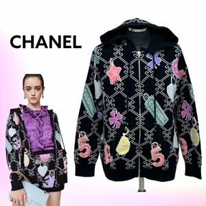 高級 CHANEL シャネル P72294 22SS プレコレクション LOOK44 カシミヤ ココマーク アイコン 総柄 ジップアップ フーディー ニット パーカー