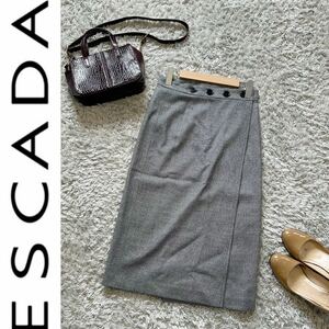 ESCADA エスカーダ　スカート　ラップスカート　ひざ下丈　ボタン　裏地あり　ウール混　グレー　サイズ32 XS タイトスカート