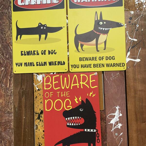 3枚 新品 壁掛けプレート 猛犬注意 犬に注意 警告版 防犯対策 危険 番犬 狂犬 泥棒 金属パネル 壁飾り ブリキ看板 かわいい BEWARE OF DOG