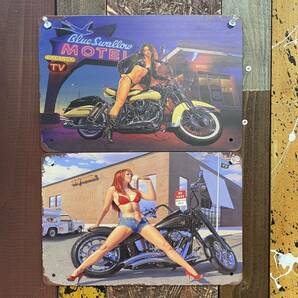 2枚 新品 壁掛けプレート バイク女子 アメリカン セクシーガール ビキニ美女 バイカー 金属パネル 壁飾り インテリア雑貨 ブリキ ポスター