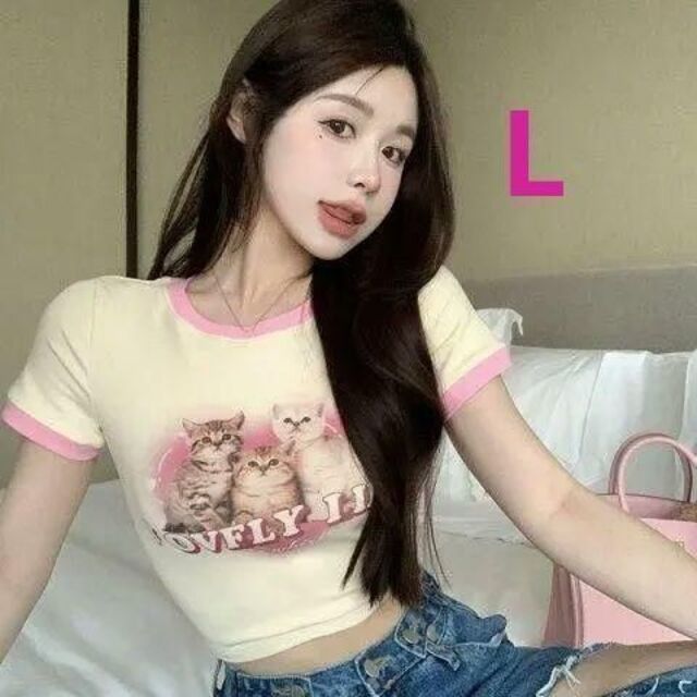 Y2K 韓国 ショート丈 猫ねこプリント デザインTシャツM 半袖