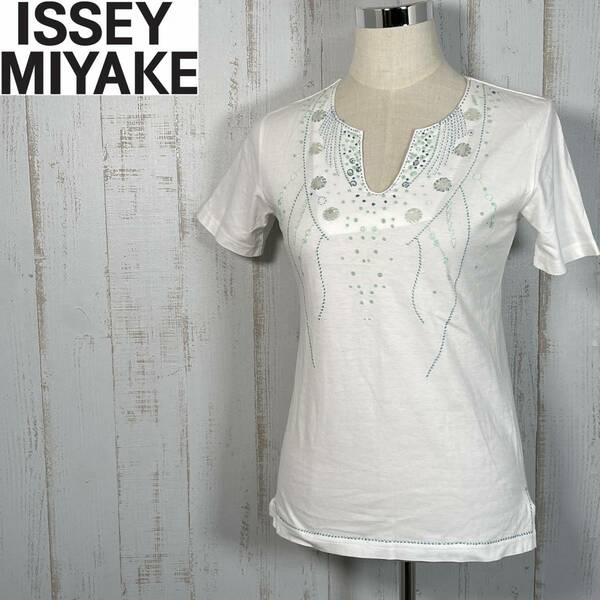 【良品】ISSEYMIYAKE イッセイミヤケ Tシャツ 半袖 刺繍 白