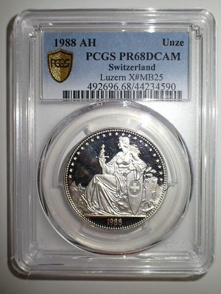 スイス 1988年 1unze銀貨 嘆きのライオン PCGS PR68DCAM