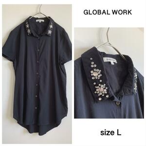 GLOBAL WORK 黒ビジューシャツ