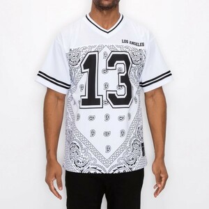 BH41)VICTORIOUS バンダナ柄 Vネックフットボールジャージシャツ/WHITE/2XL/USサイズ/FJ13/ウエッサイ/ローライダー