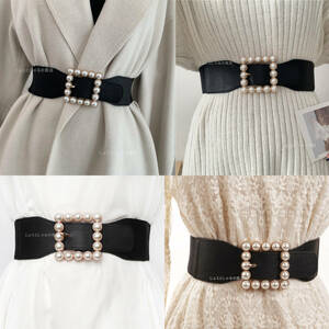 [ black ] lady's belt rubber pearl buckle leather belt square 
