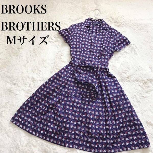 美品 Brooks Brothers チェック柄 シャツワンピース 総柄 襟 ブルックスブラザーズ 膝丈 ベルト リボン