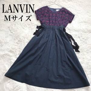 美品 LANVIN ランバン 切り替え 刺繍 レース フレア ワンピース 総柄 半袖