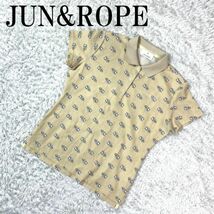 JUN&ROPE ジュンアンドロペ 半袖ブラウス ベージュ ロゴ刺繍 襟付き ポロシャツ 総柄 B1031_画像1