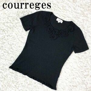 courreges クレージュ 半袖ニットトップス ブラック ビーズ刺 お花 黒 ラメ アクリル ウール ナイロン ポリエステル 38 B1152