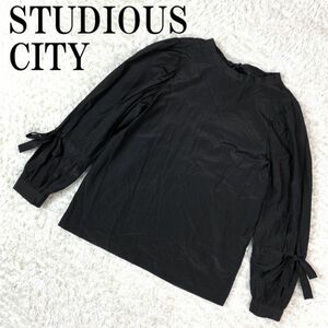 STUDIOUS CITY ブラウス ブラック ステュディオスシティ 黒 長袖 リボン トリアセテート コットン F B1201