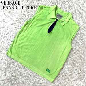  Versace jeans kchu-ru no sleeve polo-shirt yellow green VERSACE JEANS COUTURE knitted material light green small size XS B1351