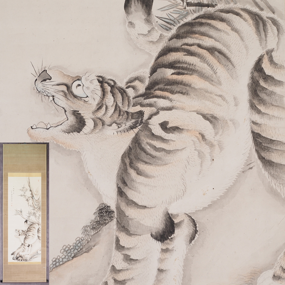 [Auténtico] [Watarikan] [Unrin-in Sozan] 7967 Pergamino colgante Pintura japonesa Tigre feroz Caja de imágenes Papel Imagen de flores y pájaros Kumamoto Higo Maestro Kajiyama Kugaku Fuchino Keisen Inscrito, Cuadro, pintura japonesa, Flores y pájaros, Fauna silvestre