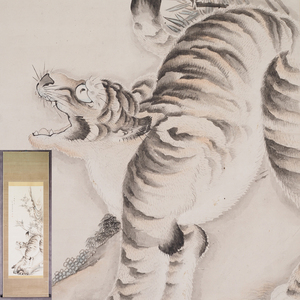 Art hand Auction [Original] [Watarikan] [Unrin-in Sozan] 7967 Hängerolle Japanische Malerei Wilder Tiger Bilderkasten Papier Blumen- und Vogelbild Kumamoto Higo Meister Kajiyama Kugaku Fuchino Keisen Beschriftet, Malerei, Japanische Malerei, Blumen und Vögel, Tierwelt