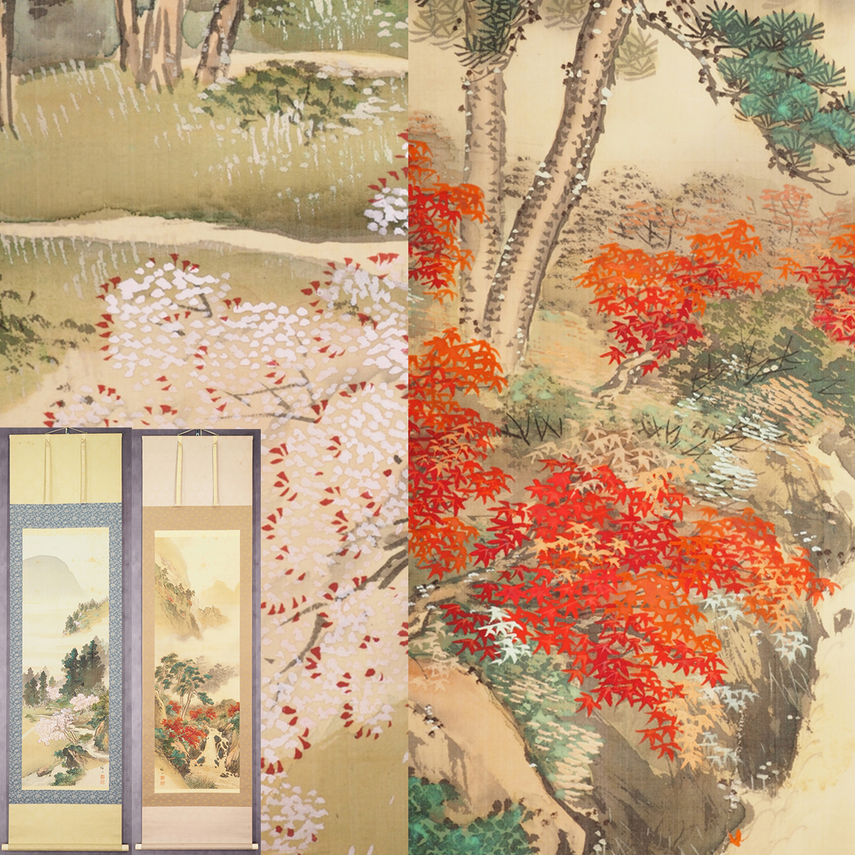 [Auténtico] [Watarikan] [Kondo Shosen] 7283 Pergamino colgante Pintura japonesa Par de pergaminos Pintura de paisaje de colores de primavera y otoño Caja combinada Pintura de paisaje de seda Kumamoto Higo Maestro Sugitani Setsusho Inscrito, Cuadro, pintura japonesa, Paisaje, viento y luna