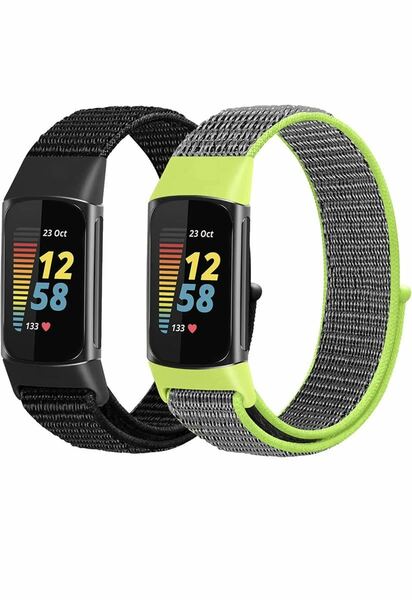 Fitbit Charge 5 バンド 柔らかい 通気性 軽量 調整可能な伸縮性ベルト交換用ベルト　ナイロンバンド　2本セール黒と緑