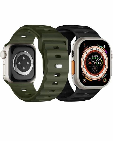 Apple watch バンド 49mm 45mm 44mm 42mm アップルウォッチバンド スポーツバンド Apple watch シリコンベルト 通気 2本黒と緑