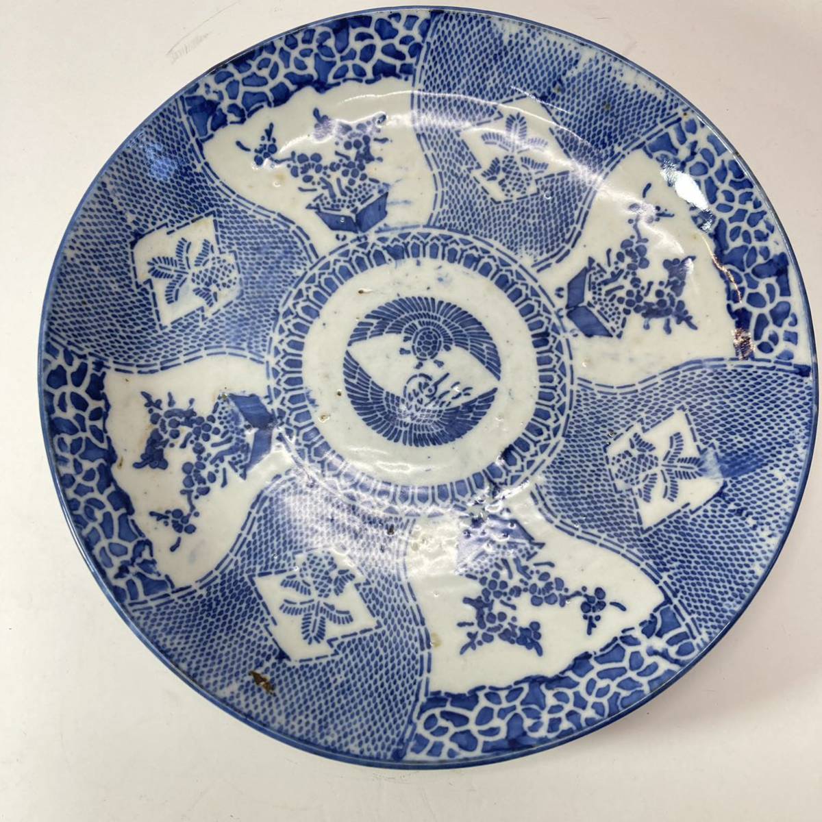 伊万里焼印判手染付竹菊紋大皿皿明治大正盛皿28.7cm 骨董アンティーク