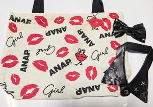 ニコラ　付録　ANAP GiRL　LIPチャーム付き　キャンバス地　トートバッグ　レザー　つけ襟　リボンバレッタ 