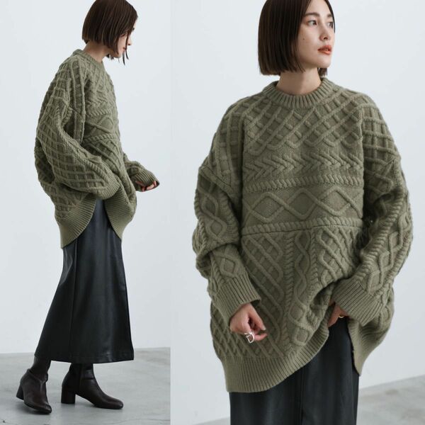 Select MOCAランダムケーブルオーバーニットビックシルエットリブ編ケーブルアラン KNIT ニットセーターカーキグリーン