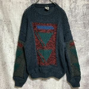 ★ galorie5 デザイン 袖柄 ニット セーター ビンテージ サイズL ネイビー★ クルーネック ビンテージ 古着 アート stussy メンズ supreme