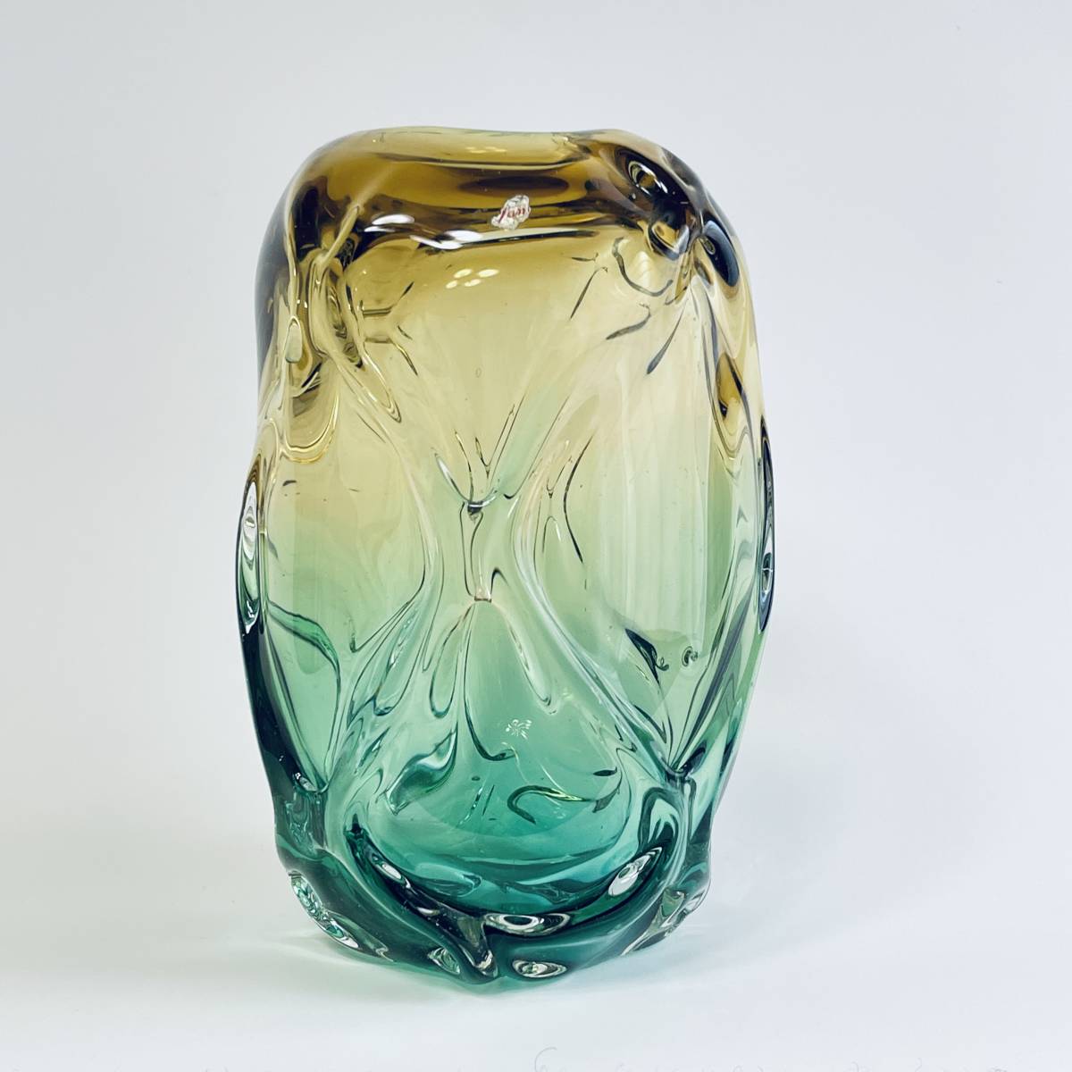 アートガラス 花瓶 A5 イエロー×グリーン グラデーション 工芸ガラス ハンドメイド フラワーベース 花器, 工芸品, ガラス, 工芸ガラス