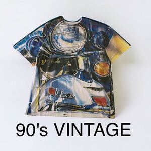 希少 アメリカ購入 90's VINTAGE 総柄 手刷り 特大プリント Tシャツ シングルステッチ バイク 90年代 輸入 古着 XL相当 ビンテージ 半袖