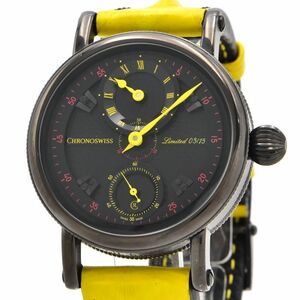 [3年保証] クロノスイス メンズ フラインググランドレギュレーター CH-6725-BKBK 黒文字盤 革ベルト イエロー 手巻き 腕時計 中古 送料無料