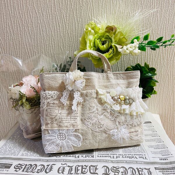 ★handmade★ ★コサージュつきリネンのバッグインバッグ ミニポーチ トートバッグ