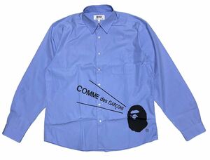 大きいサイズ ■ COMME des GARCONS コムデギャルソン × A BATHING APE エイプ ■ ビッグロゴ プリント 長袖 ボタン シャツ ブルー系 2XL