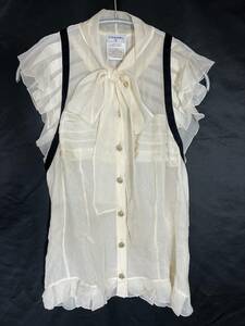 5E2116[ genuine article guarantee ] Chanel sleeveless shirt tops ribbon frill silk rhinestone here Mark biju- button 38 CHANEL